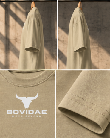 Camiseta Bovidae khaki – detalles: perfil, logo y costura de la manga