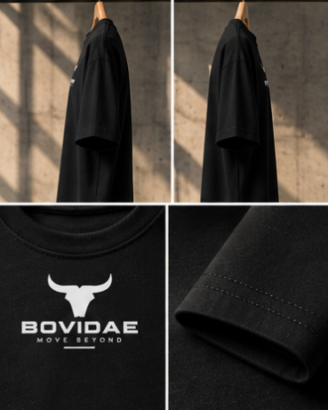 Camiseta Bovidae negra – detalles: perfil, logo y costura de la manga