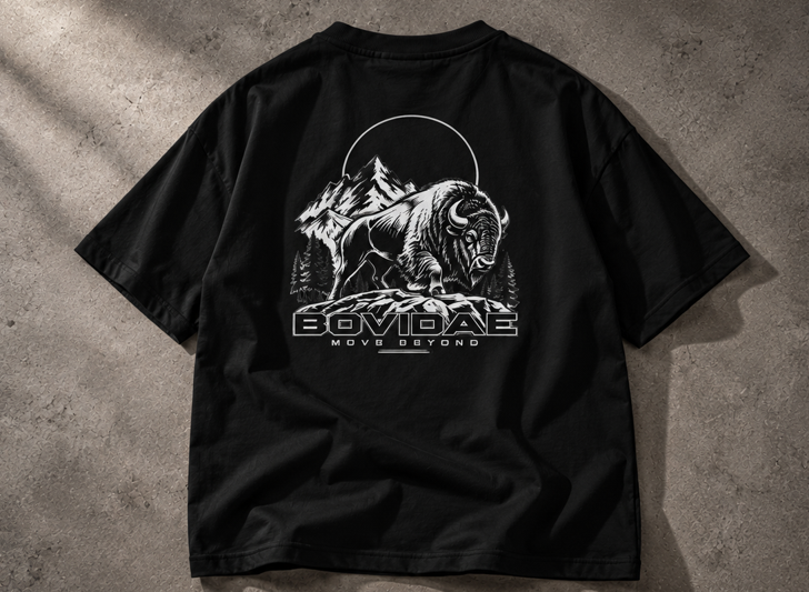 Camiseta oversized Bovidae negra – espalda con estampado de bisonte y montañas