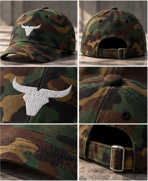 Gorra Bovidae camuflaje verde – vistas y detalles: bordado, trasera y hebilla