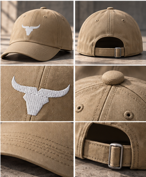 Gorra Bovidae khaki – vistas y detalles: bordado, trasera y hebilla