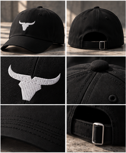 Gorra Bovidae negra – vistas y detalles: bordado, trasera y hebilla