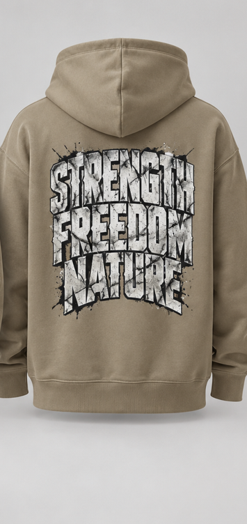 Sudadera Bovidae desert dust – espalda con estampado Strength Freedom Nature