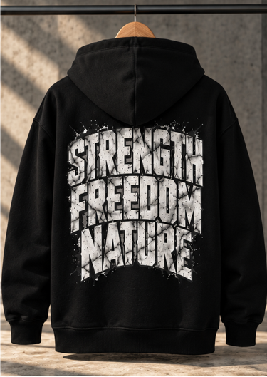 Sudadera Bovidae negra – espalda con estampado Strength Freedom Nature